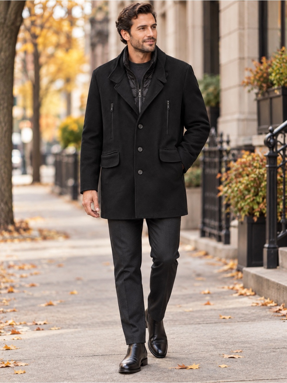 Cole Haan Signature Men’s Wool Top Coat Set-In Bib Black Large NWT